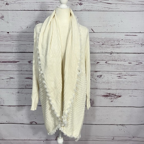 Chico's Sweaters - Chico's 3 Ecru Knit Open Cardigan‎ Sweater Fringe Trim Whipstitch Rib